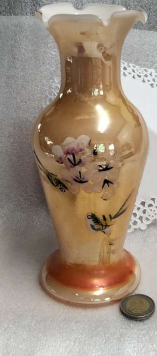 VASE - Opaline Peach Lustre White cased frilled edges Prunis flowers bird - Hand blown