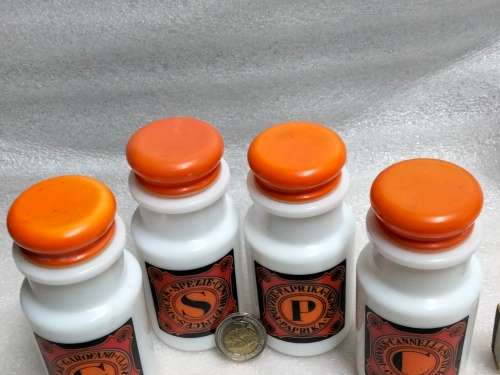 4 Milk glass Condiment bottles Plastic tops ` Como ` Original made in Italy