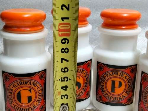 4 Milk glass Condiment bottles Plastic tops ` Como ` Original made in Italy