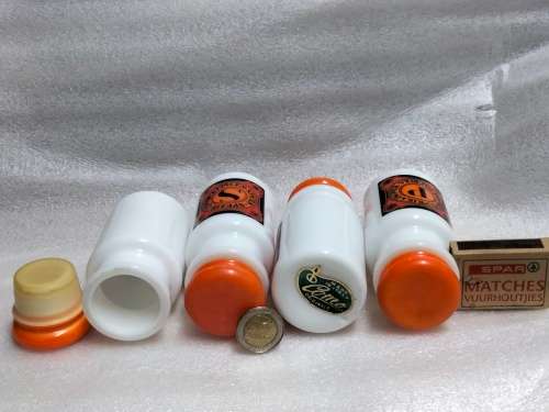4 Milk glass Condiment bottles Plastic tops ` Como ` Original made in Italy