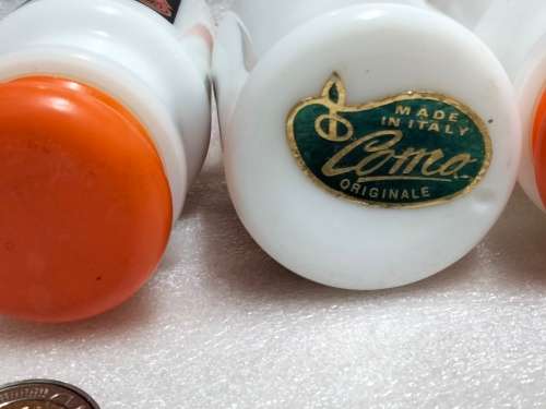 4 Milk glass Condiment bottles Plastic tops ` Como ` Original made in Italy