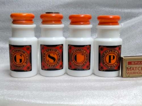 4 Milk glass Condiment bottles Plastic tops ` Como ` Original made in Italy