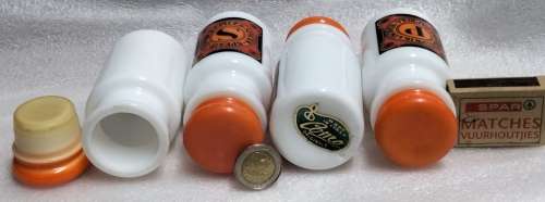 4 Milk glass Condiment bottles Plastic tops ` Como ` Original made in Italy