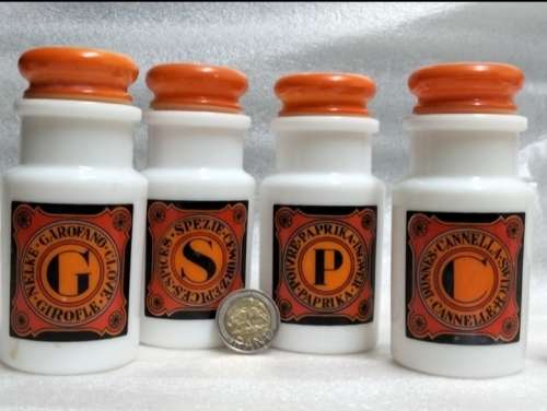 4 Milk glass Condiment bottles Plastic tops ` Como ` Original made in Italy