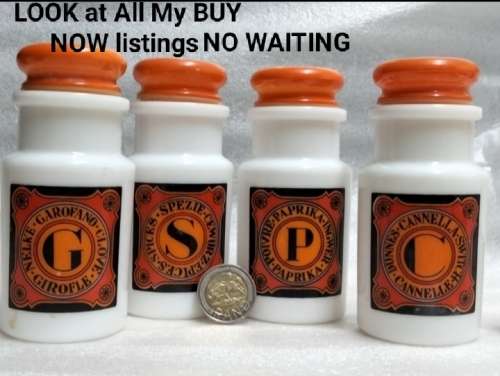 4 Milk glass Condiment bottles Plastic tops ` Como ` Original made in Italy