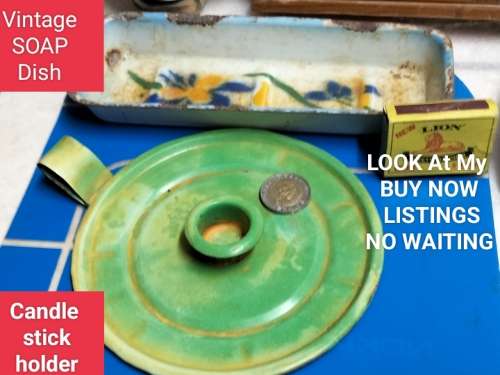 VTG1Enamel SOAPdish distressed+1metalCandle holder refurbishedLOOK At My BUY NOW LISTINGS NO WAITING