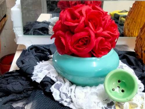 Flower frog green + Vase torquois ceramic LOOK At My BUY NOW LISTINGS NO WAITING