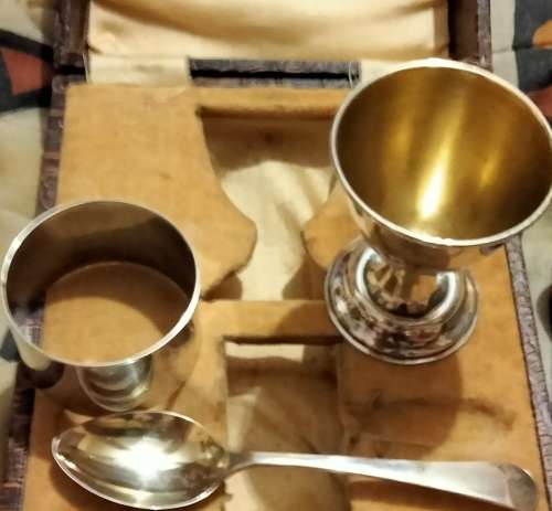 VTG Boxed set CHRISTENING gift Egg Cup Serviette Ring Tea Spoon EPNS LOOK At My BUY NOW NO WAITING