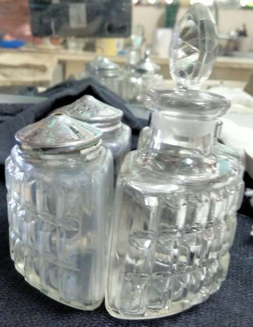 Cruet Set 4 Glass bottles+stopper+ 3metal lids Mustard Spoon LOOK At My BUY NOW items NO WAITING