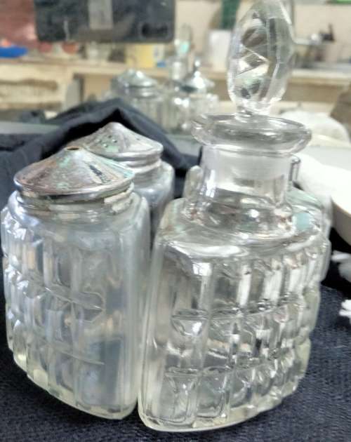 Cruet Set 4 Glass bottles+stopper+ 3metal lids Mustard Spoon LOOK At My BUY NOW items NO WAITING