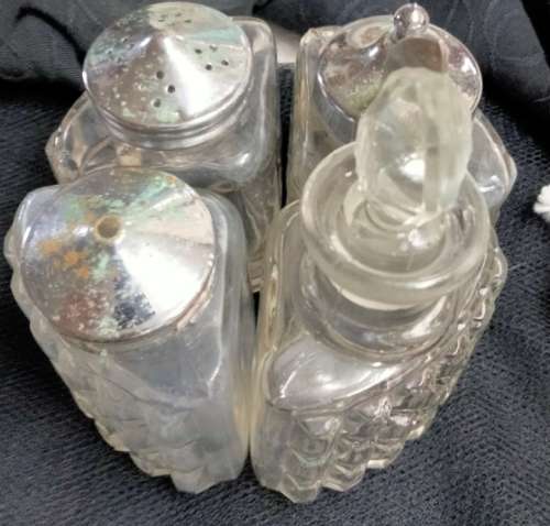 Cruet Set 4 Glass bottles+stopper+ 3metal lids Mustard Spoon LOOK At My BUY NOW items NO WAITING