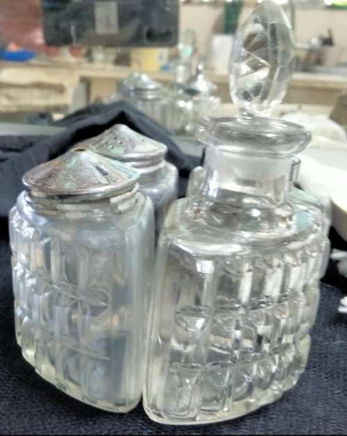 Cruet Set 4 Glass bottles+stopper+ 3metal lids Mustard Spoon LOOK At My BUY NOW items NO WAITING