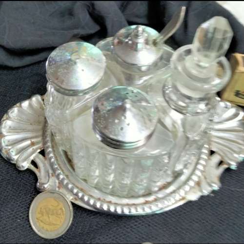 Cruet Set 4 Glass bottles+stopper+ 3metal lids Mustard Spoon LOOK At My BUY NOW items NO WAITING