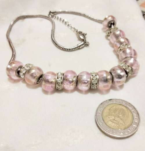 Necklace Pretty Pink Glass beads silver tone chain lobster claspLOOK At MY BUY NOW ltems NO WAITING