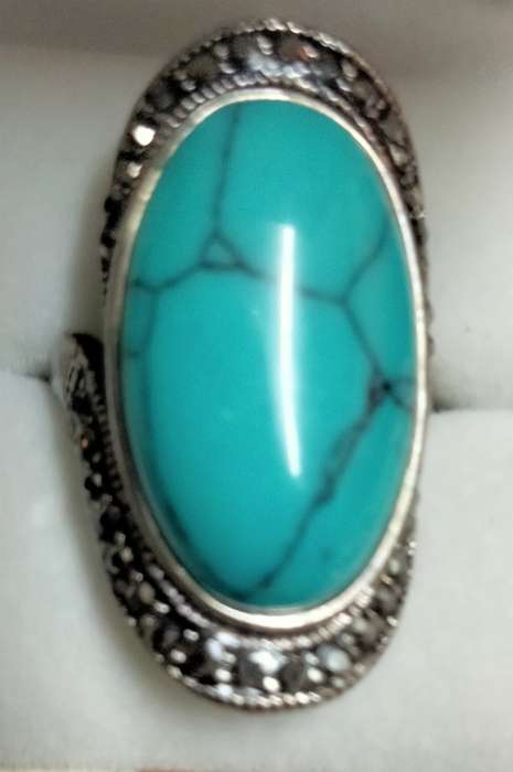 Dress RING -Marcasite style +genuine gemstone dyed Howlite
