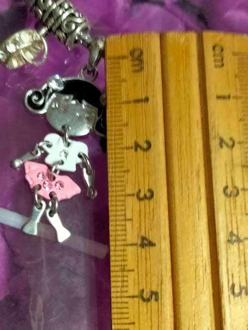 BRACELET Italian style 1-Dangle girl charm enameled pink+ black+Crystals+1 fish pink enameled+spacer