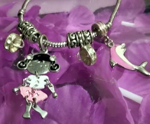 BRACELET Italian style 1-Dangle girl charm enameled pink+ black+Crystals+1 fish pink enameled+spacer