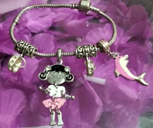 BRACELET Italian style 1-Dangle girl charm enameled pink+ black+Crystals+1 fish pink enameled+spacer