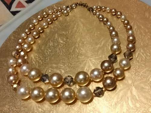 Necklace  - Bib  2 Strand Faceted cut crystal clear+ Faux graduating Pearls gemstone lobster clasp