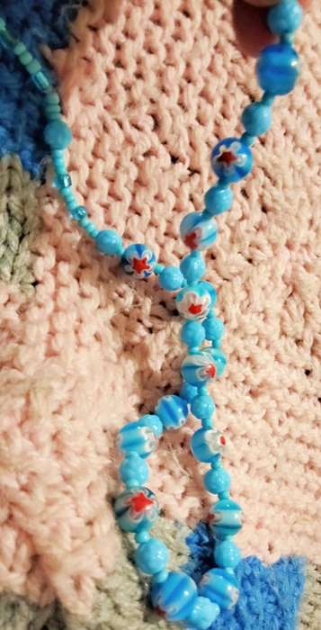 Necklace - Murano Blue Glass Red flowers different Shapes +Sizes