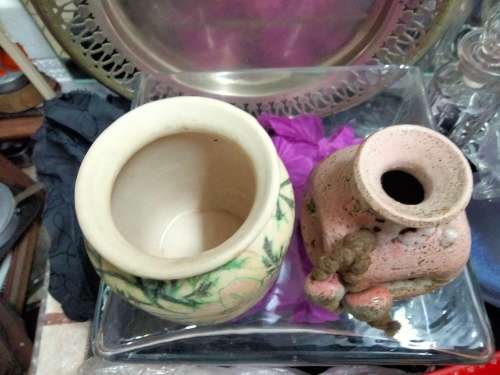 2 Vases - 1 Posy + Tubular Pottery Multicolour Glaze Pink Green decor