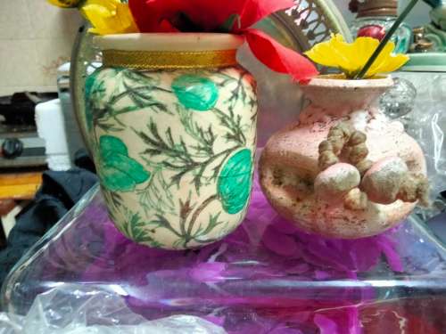 2 Vases - 1 Posy + Tubular Pottery Multicolour Glaze Pink Green decor