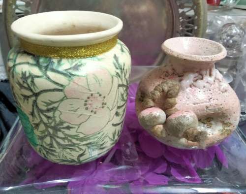 2 Vases - 1 Posy + Tubular Pottery Multicolour Glaze Pink Green decor