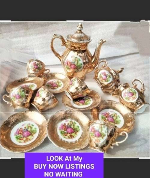 Romantic Couple  Porcelain Tea Set Showing ware to gilt coating-Damage LOOK At My BUY NOW NO WAITING