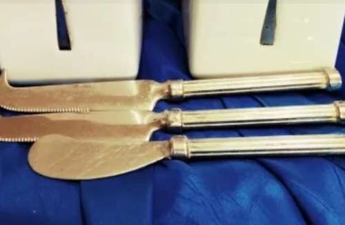 Cutlery holders ceramic + 3 mix 2 Cheese knife+1 butter knife EPNS