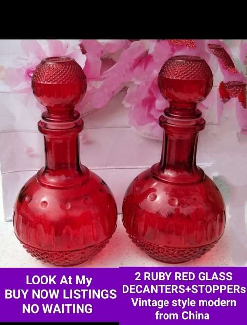 2 RUBY RED Vintage STYLE Modern Glass Decanter+Stoppers from China LOOK At My BUY NOW - NO WAITING