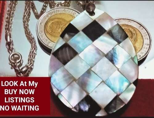 Genuine organic Check Mother Of Pearl Pear Shape PENDANT+Chain Silver tone -American Red Indian ART