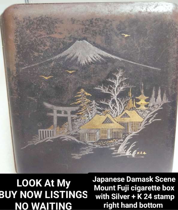 Cigarette Case - oriental damask Mount Fuji scene Iron silver gold K 24