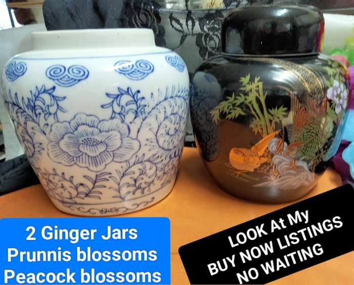 Oriental 2 Ginger Jars 1white blue Prunnis Flowers +1Peacocks Gilt trim LOOK AtMy BUY NOW NO WAITING