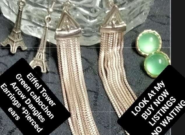JEWELLERY BOX+EARRINGS-3pr. Arrow dangle chains Silver Tone+1 Eiffel tower+1Cabochon Green Gold tone