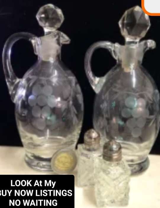 Condiment decanters 2 Grape Cut Oil+ Vinegar Glass bottles+ 2 salt shaker LOOK At My BUY NOW LISTING