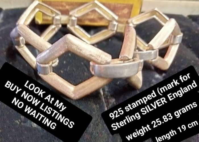 925 Silver Gilt Italian Bracelet Textured Cutout Double Triangles +Plain flat crossover square links