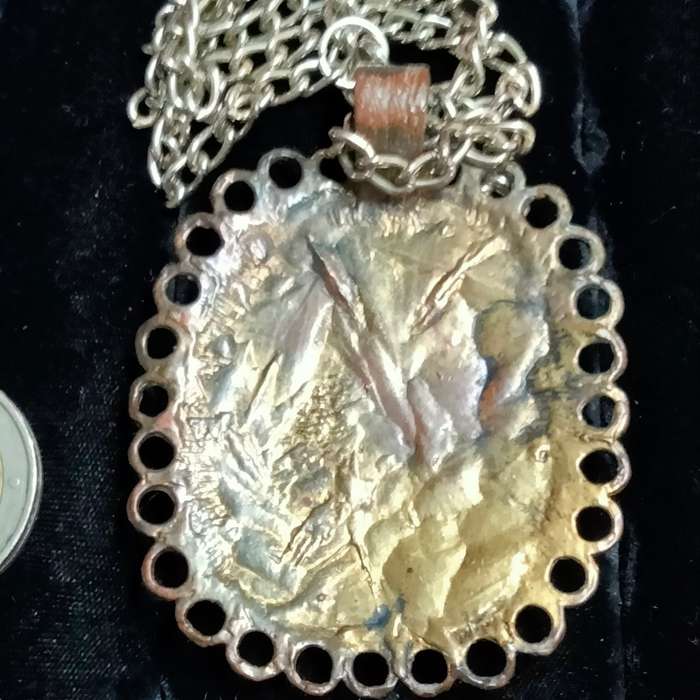 NECKLACE- Oxidised style PENDANT large square cloisonné flowers +New chain lobster clasp SILVER tone