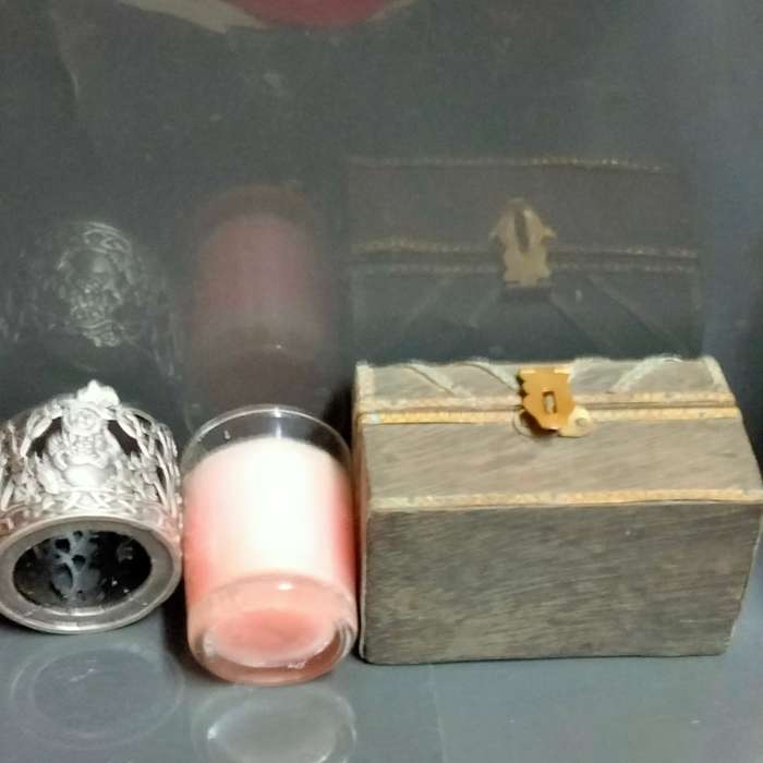 6*ITEMS*Celtic knot PEWTER Candle holder Candle in GLASS Small Treasure chest+3 Semi Precious stones