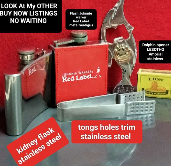 Flasks+ Stainless Steel*Tongs*Kidney Flask*Dolphin OPENER Lesotho Amorial VTG Flask Johnnie Walker