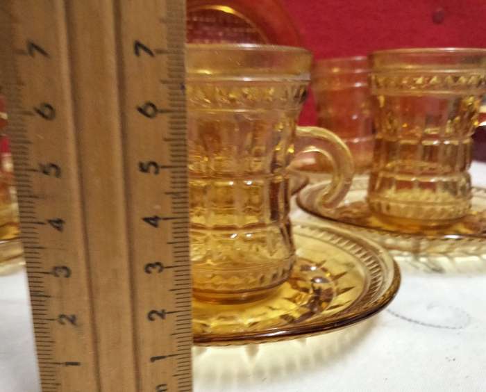 6 Amber glass Cups+saucers small* hook handle Turkish style LOOK At All My BUY NOW ltems NO WAITING