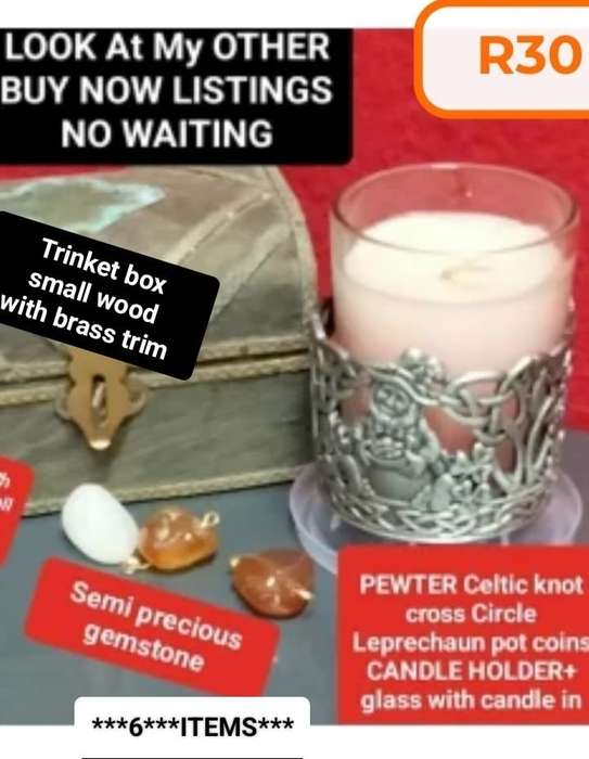 6*ITEMS*Celtic knot PEWTER Candle holder Candle in GLASS Small Treasure chest+3 Semi Precious stones