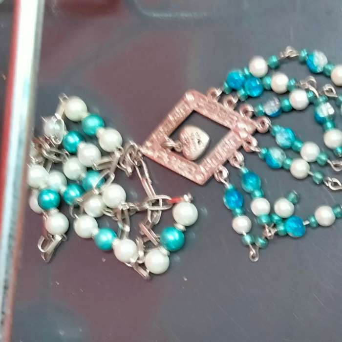 NECKLACE-Pendant+heart-7 Dangles Glass Beads BlueTurquoise WhiteLOOK At My BUY NOW items NO WAITING