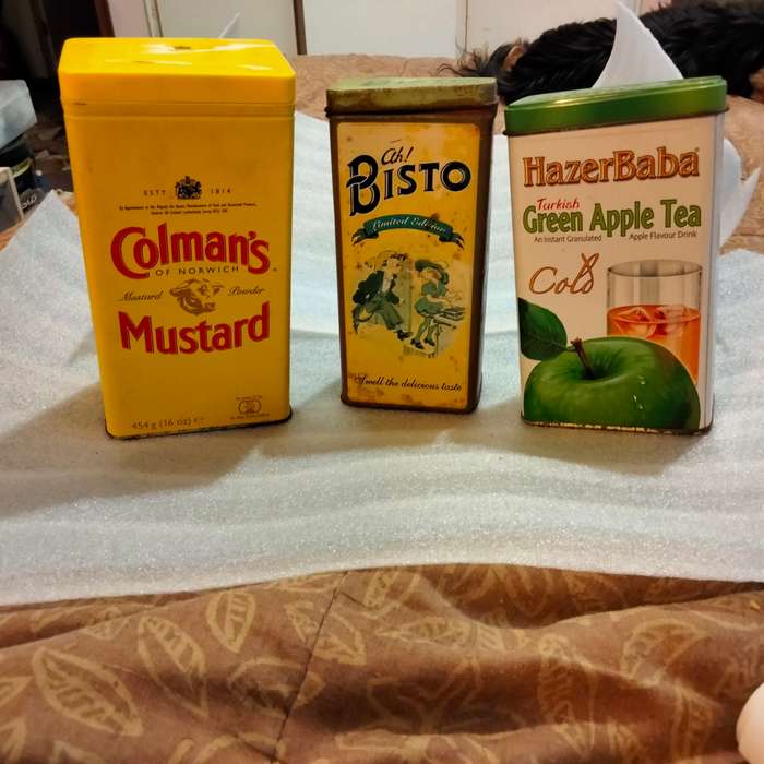3 TINS -Colemans mustard tin -HazerBaba Turkish green apple Tea - Bisto all one bid