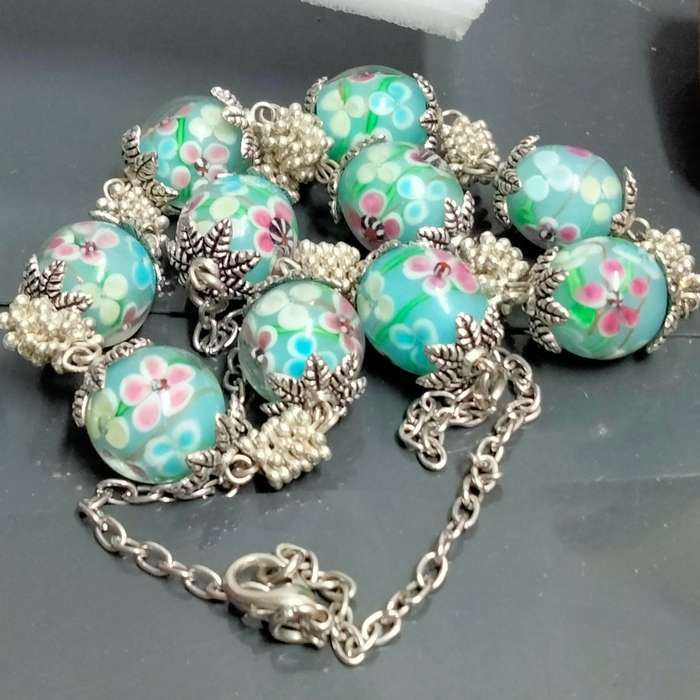 1 Necklace - vintage Italian glass -Fiori - blue Beads-Spacers Chain look at my Buy Now No Waiting