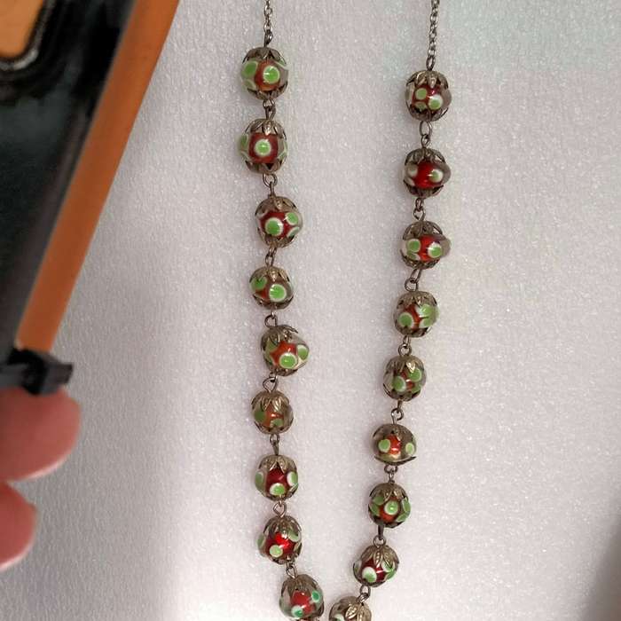 Necklace - Murano hand made Glass Lampwork spot green red white -chain Look at my buy now-No Waiting