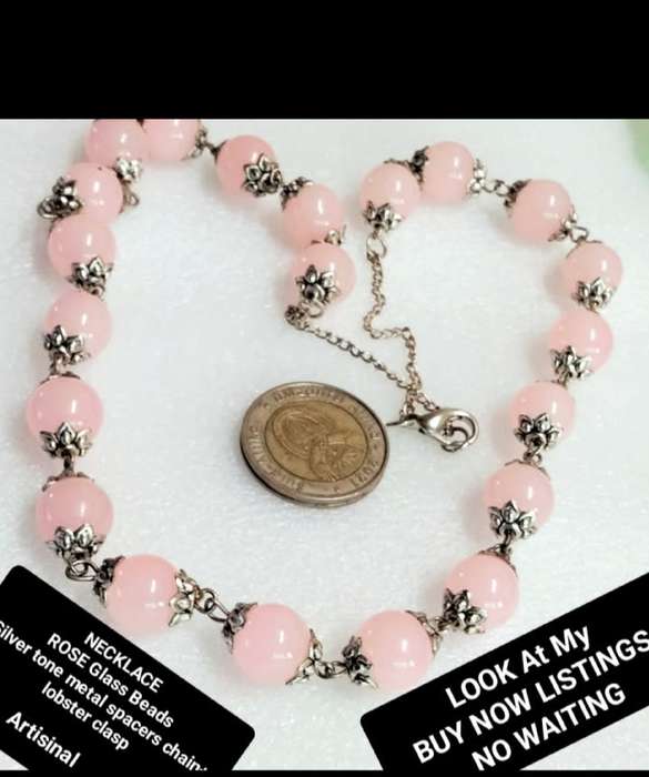 1 NECKLACE - Rose quartz glass beads+spacers metal Chain look at my Buy Now listings - No Waiting