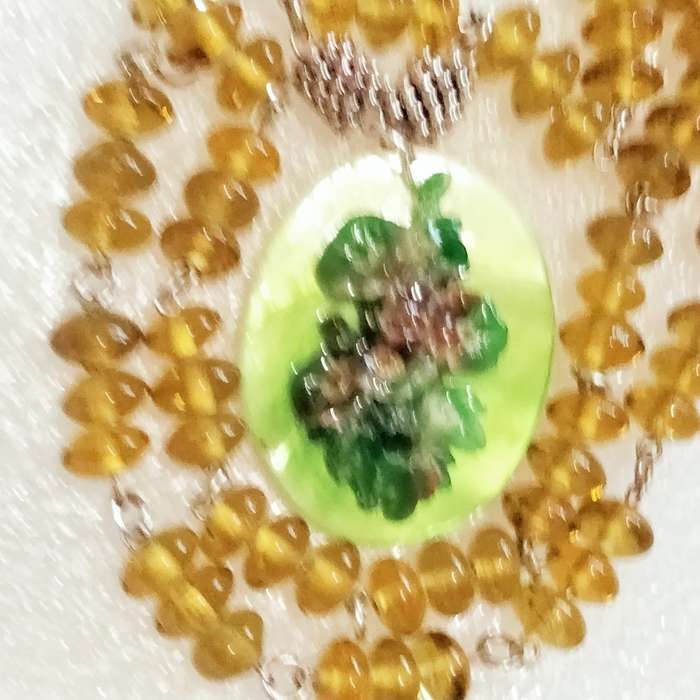 Necklace - amber lampwork glass beads handmade pendant Mother of Pearl -  floral bouquet on