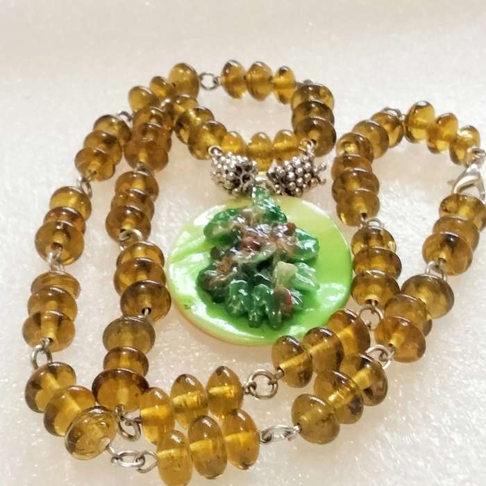 Necklace - amber lampwork glass beads handmade pendant Mother of Pearl -  floral bouquet on