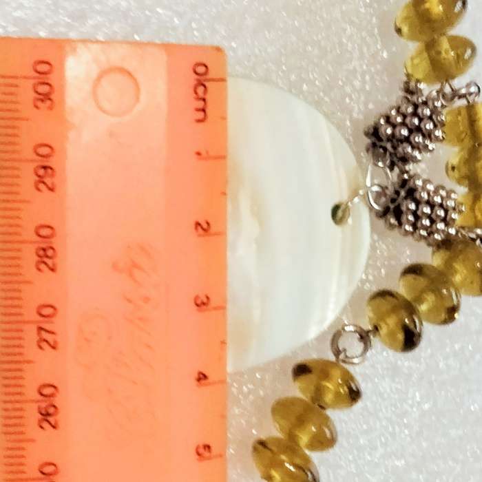 Necklace - amber lampwork glass beads handmade pendant Mother of Pearl -  floral bouquet on