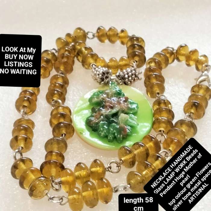 Necklace - amber lampwork glass beads handmade pendant Mother of Pearl -  floral bouquet on